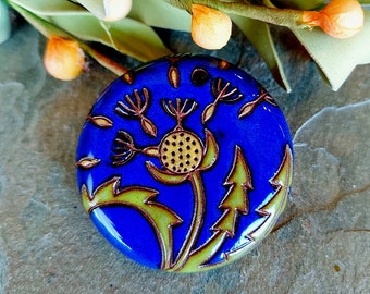 Dandelions, Cobalt, Large Round, 45mm, Handmade, Golem Studios, Pendant, Terracotta Ceramic, Priced per Piece