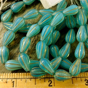 Opal Aqua, Gold Wash, 13x8mm, Melon Drop, Czech Glass, 10 beads per strand, Priced per strand