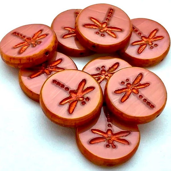 Baby Pink, Satin, Copper Wash, Dragonfly Coin, 17mm, Table Cut, Czech Glass, Priced per Piece