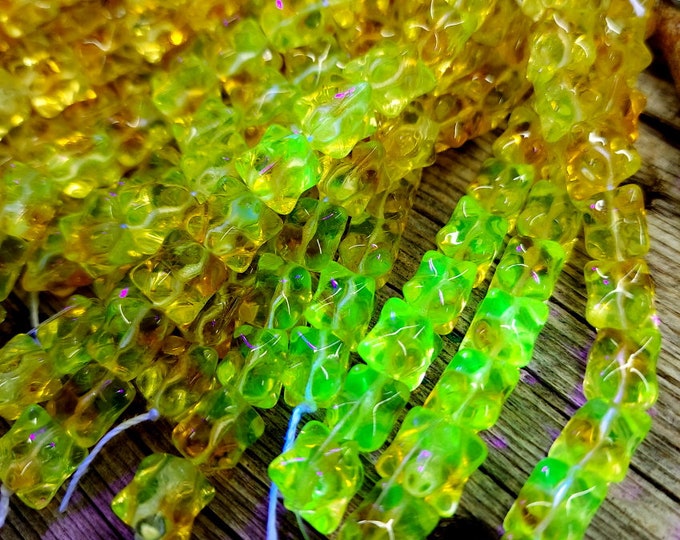 Featured listing image: Glow Yellow, Amber, Bumpy Cube, Ice Cube, Square, 8mm, Uranium Glass, VINTAGE, Czech Glass, 10 beads per strand, Priced per strand
