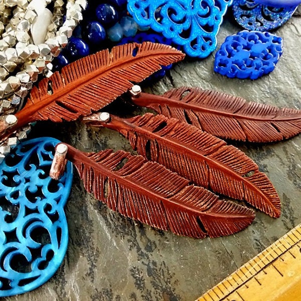 Feather, Pendant, Carved Sono Wood, Handmade in Bali, Solid Copper Bail, 55x20mm, Priced per Piece