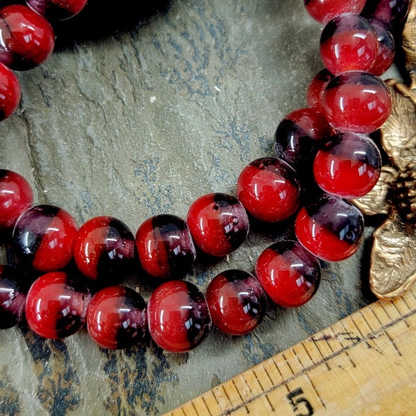 Indonesian, Lampwork, Glass Beads, 10mm, Smooth, Rounds, Cherry Red, Dark Amethyst, 25 beads, Priced per strand