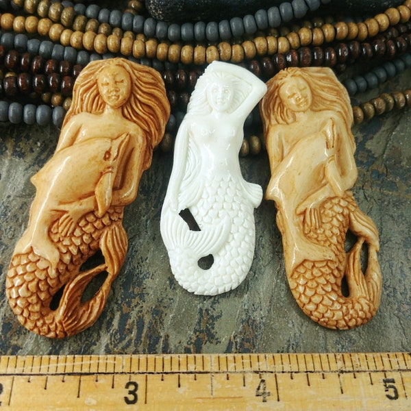 Mermaid, Pendant, 53x24mm, White, Bone, Made in Indonesia, Handmade, Priced per piece