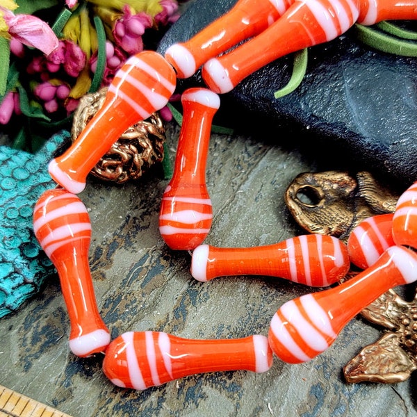 Indonesian, Lampwork, Glass Beads, Tubes, Barrels, Vessels, 27x10mm, Orange, White Stripe, 7 beads, Priced per strand