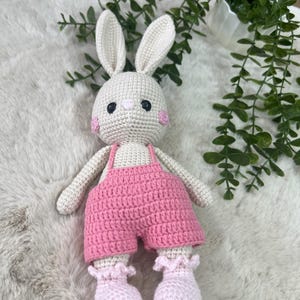 May include: A handmade crochet bunny doll with a cream body, long ears, and pink cheeks. The bunny wears pink overalls and matching ruffled booties. The doll is a soft toy, suitable for children.