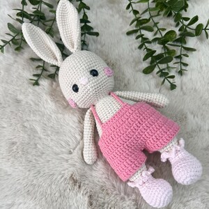 May include: A handmade crochet bunny doll with a cream body, long ears, and pink cheeks. The bunny wears pink dungarees and matching booties. The doll is on a soft, white surface, with green foliage in the background.