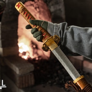 Gold Copper Katana Sword – Handmade Samurai Sword with Gloss Lacquer Scabbard | Red-Brown Cord Wrap | Display & Collectible