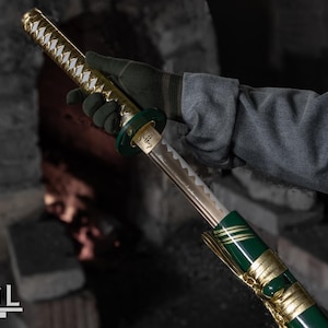 Handmade Green Katana Sword – Gold Brocade Wrap | Real Samurai Sword | Free Sharpening | Taichi Martial Arts | Cosplay & Display Collectible