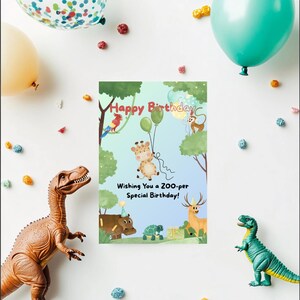 Cartão de aniversário fofo de safári | Feliz aniversário, animais do zoológico | Cartão infantil pronto para imprimir
