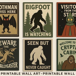 Cryptid Wall Art Bundle – Mothman, Bigfoot, Flatwoods Monster Prints – 8x10 & 11x14 Printable Digital Download