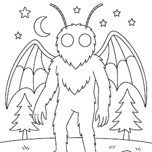 Op de afbeelding: Zwart-wit illustratie van de Mothman, een cryptide figuur. De afbeelding toont het woord "MOTHMAN" boven het wezen, dat grote ogen, vleugels en antennes heeft. Sterren, een halve maan en bomen zijn ook inbegrepen.