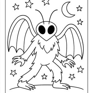 Può includere: Illustrazione in bianco e nero di una creatura con grandi occhi, ali e un corpo peloso. La creatura è in piedi con le braccia tese, circondata da stelle e una luna crescente. L'immagine è una pagina da colorare.