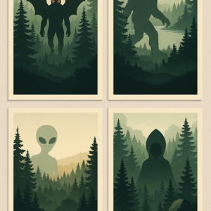 Cryptid Wall Art Bundle – Mothman, Bigfoot, Flatwoods Monster Prints – 8x10 & 11x14 Printable Digital Download