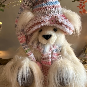 OOAK White Teddy Bear Art Doll: Hand-Knit Hat & Scarf