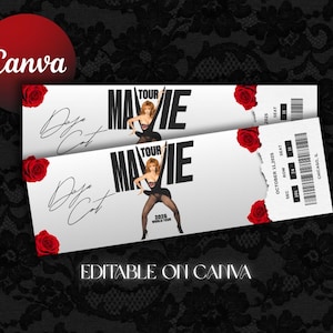 Puede incluir: Dos entradas de concierto blancas con detalles de rosas rojas. Las entradas presentan el texto "MAVIE TOUR" y un gráfico de una mujer. Las entradas también incluyen el texto "2026 WORLD TOUR" y "EDITABLE ON CANVA".