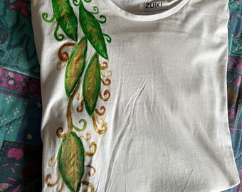 Hand painted t-shirt 4 seasons theme leaves painted with acrylics for fabrics knitwear