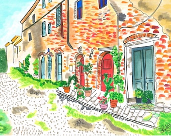 Tuscany landscape illustration handmade with copic markers. Custom landscape illustrations on request.
