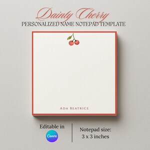 以下が含まれることがあります： 赤い縁取りと上部に「Dainty Cherry」の文字が入った正方形のメモ帳。 メモ帳には、サクランボのイラストと「PERSONALIZED NAME NOTEPAD TEMPLATE」の文字が描かれています。 メモ帳のサイズは7.6 x 7.6 cmです。