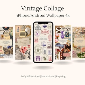 Vintage Collage Handy Hintergrundbilder 4K | Set von 5 Vintage Ästhetische Designs für iPhone & Android | Inspirierende Zitate Tapete | 1080 x 1920 px