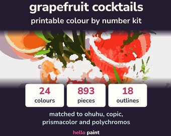 Grapefruit Cocktails Color by Number Kit • Alcohol Marker, Colored Pencil PDF (Digital Download)