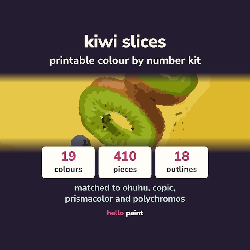 kiwi slices color by number kit: the finished picture of six slices caught mid air with three blueberries falling past them on hot yellow, beside the photo it was cut from and a numbered outline page from the printable pdf