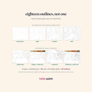 May include: An informational graphic titled eighteen outlines, not one, displaying four darkness levels of paint-by-number templates. It shows four variations per darkness: outline only, outline with colour bar, numbered, and numbered with colour bar.