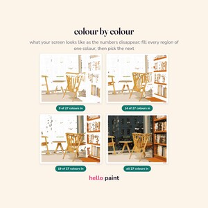 Pu&ograve; includere: Una guida di pittura con i numeri intitolata colour by colour con il testo what your screen looks like as the numbers disappear: fill every region of one colour, then pick the next. Mostra quattro fasi di avanzamento di una scena di bar con 9, 14, 19 e tutti i 27 colori riempiti, etichettato hello paint.