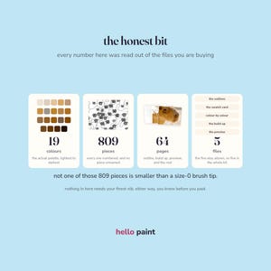 the honest details in writing before you buy: 19 colours, 809 pieces, 64 pages, and the smallest piece size of the capybara kit