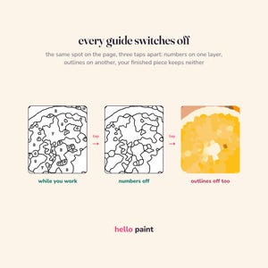 May include: A digital painting tutorial graphic titled every guide switches off. It shows three stages of a paint-by-number process: a numbered outline, an outline without numbers, and a finished colored image of an orange slice. Text reads hello paint.