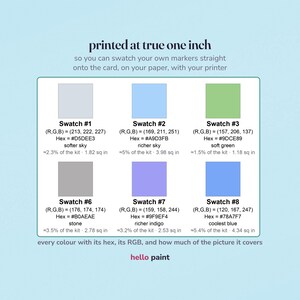 close up of the printable marker swatch card: color squares printed at a true one inch, each labelled with its name, hex code, rgb values and the share of your photo it covers