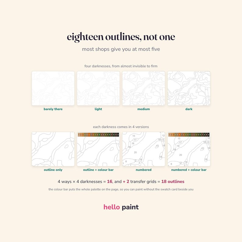 eighteen printable outline pages at four line darknesses, plain or numbered, so alcohol markers and coloured pencils both get a page that suits them