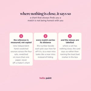 the honest bit before you buy a custom swatch card: what a photo needs to read well, and what the card says when nothing in a marker set comes close