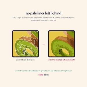 May include: An instructional graphic titled no pale lines left behind showing two square panels. The left panel displays a kiwi illustration with white outlines. The right panel shows the same kiwi filled with green, yellow, and brown colours.