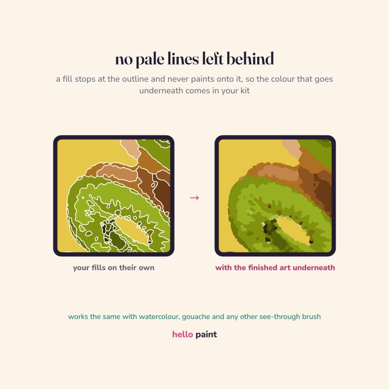 May include: An instructional graphic titled no pale lines left behind showing two square panels. The left panel displays a kiwi illustration with white outlines. The right panel shows the same kiwi filled with green, yellow, and brown colours.