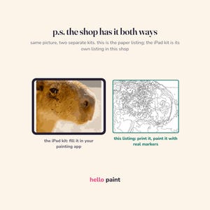 the same capybara picture two ways, the ipad version on a tablet beside this printable paper kit's dark outline page, with this paper listing marked