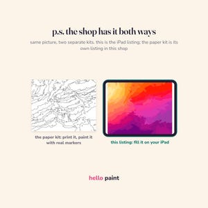 Puede incluir: Un kit de arte digital para iPad con una plantilla de estilo colorear por n&uacute;meros. La imagen muestra el texto: p.s. the shop has it both ways, same picture, two separate kits. this is the iPad listing; the paper kit is its own listing in this shop.