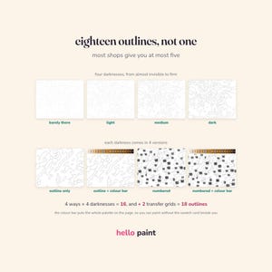 eighteen printable outline pages at four line darknesses, plain or numbered, so alcohol markers and coloured pencils both get a page that suits them