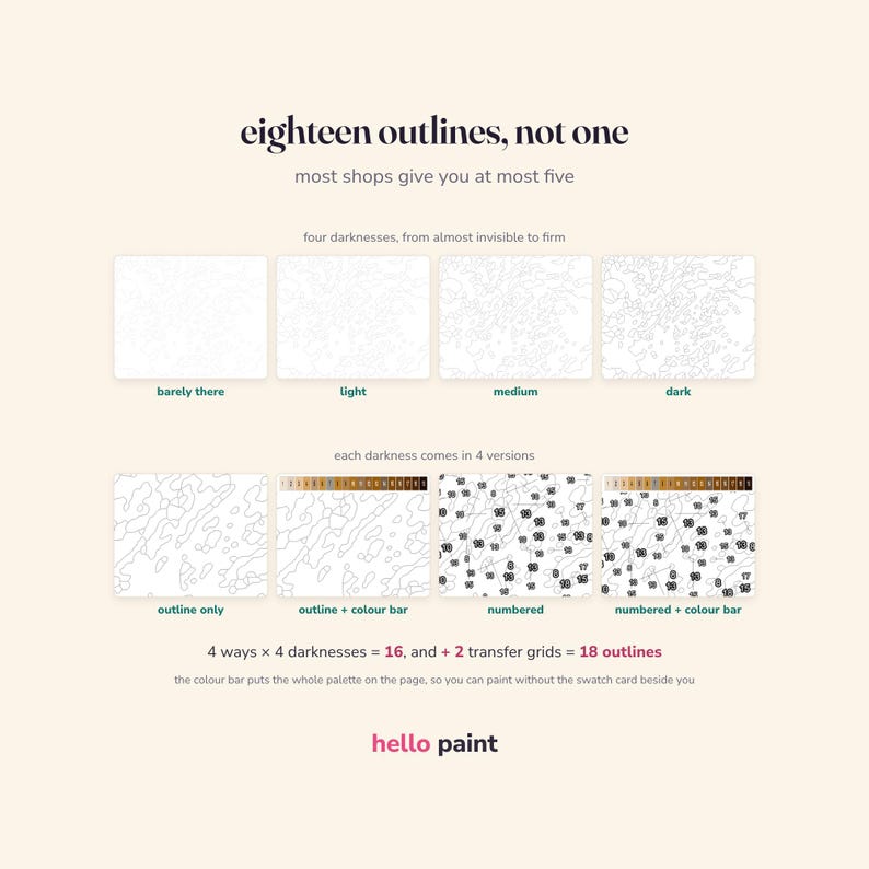 eighteen printable outline pages at four line darknesses, plain or numbered, so alcohol markers and coloured pencils both get a page that suits them