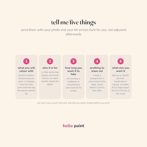 May include: An informational graphic titled tell me five things with five numbered pink circles. It lists instructions for a custom kit: what you will colour with, who it is for, how long you want it to take, anything to leave out, and what size you want it.