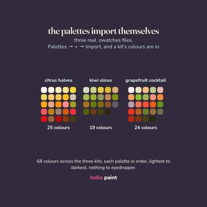the three procreate color palettes that come with the fruit trio bundle: 25 citrus colors, 19 kiwi colors and 24 grapefruit colors, 68 real swatches in painting order