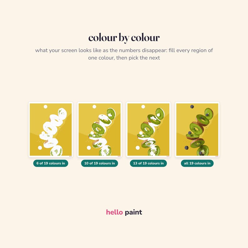 May include: A digital graphic titled colour by colour showing a progression of a paint-by-numbers kiwi illustration. Four panels display the image at 6, 10, 13, and 19 colours filled. The text reads: colour by colour, what your screen looks like as the numbers disappear: fill every region of one colour, then pick the next, and hello paint.