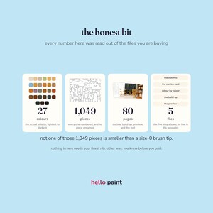 Pu&ograve; includere: Un grafico informativo azzurro intitolato the honest bit, che descrive un kit di pittura con i numeri con 27 colori, 1.049 pezzi numerati, 80 pagine di istruzioni e 5 file. Il testo conferma che nessun pezzo &egrave; pi&ugrave; piccolo di una punta di pennello di misura 0.