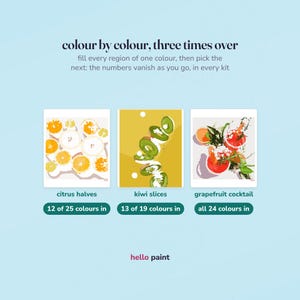 all three fruit trio kits filling color by color: citrus halves at 12 of 25 colors, kiwi slices at 13 of 19, and the grapefruit cocktail with all 24 colors in