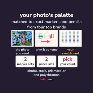 custom color palette card made from your own photo: a printable marker swatch chart matching every color to ohuhu, copic, prismacolor premier and faber castell polychromos