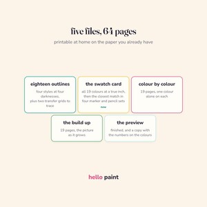 what is in the capybara colour by number kit: printable pdf outlines, swatch card, colour by colour pages, build up pages, and a finished preview, 64 pages in five files