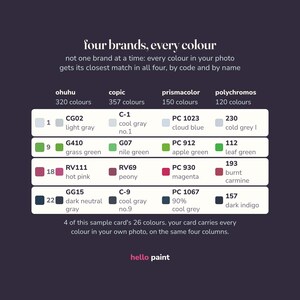 the match sheet inside the custom color palette pdf: every color in your photo listed beside its closest match in ohuhu 320, copic, prismacolor premier and faber castell polychromos, by code and by name