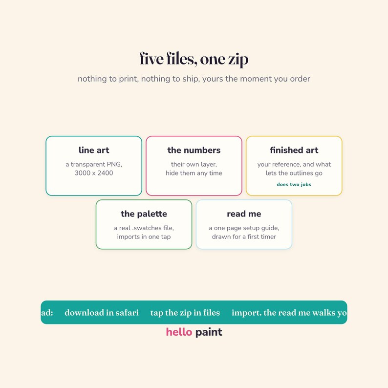 Pu&ograve; includere: Un grafico informativo su un prodotto digitale intitolato five files, one zip. Elenca cinque componenti: line art, the numbers, finished art, the palette e read me. Una barra verde acqua in basso fornisce istruzioni: download in safari, tap the zip in files, import, the read me walks you, e il testo hello paint.
