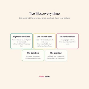 May include: A graphic display on a cream background with the text five files, every time and hello paint. Five rectangular boxes contain descriptions of digital files: eighteen outlines, the swatch card, colour by colour, the build up, and the preview.
