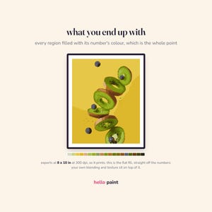 May include: A digital paint-by-numbers illustration featuring sliced kiwi fruit and blueberries on a yellow background. Text reads: what you end up with, every region filled with its number's colour, which is the whole point, and exports at 20.32 x 25.4 cm.