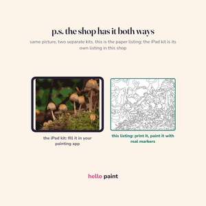 the same woodland mushroom picture two ways, the ipad version on a tablet beside this printable paper kit's dark outline page, with this paper listing marked
